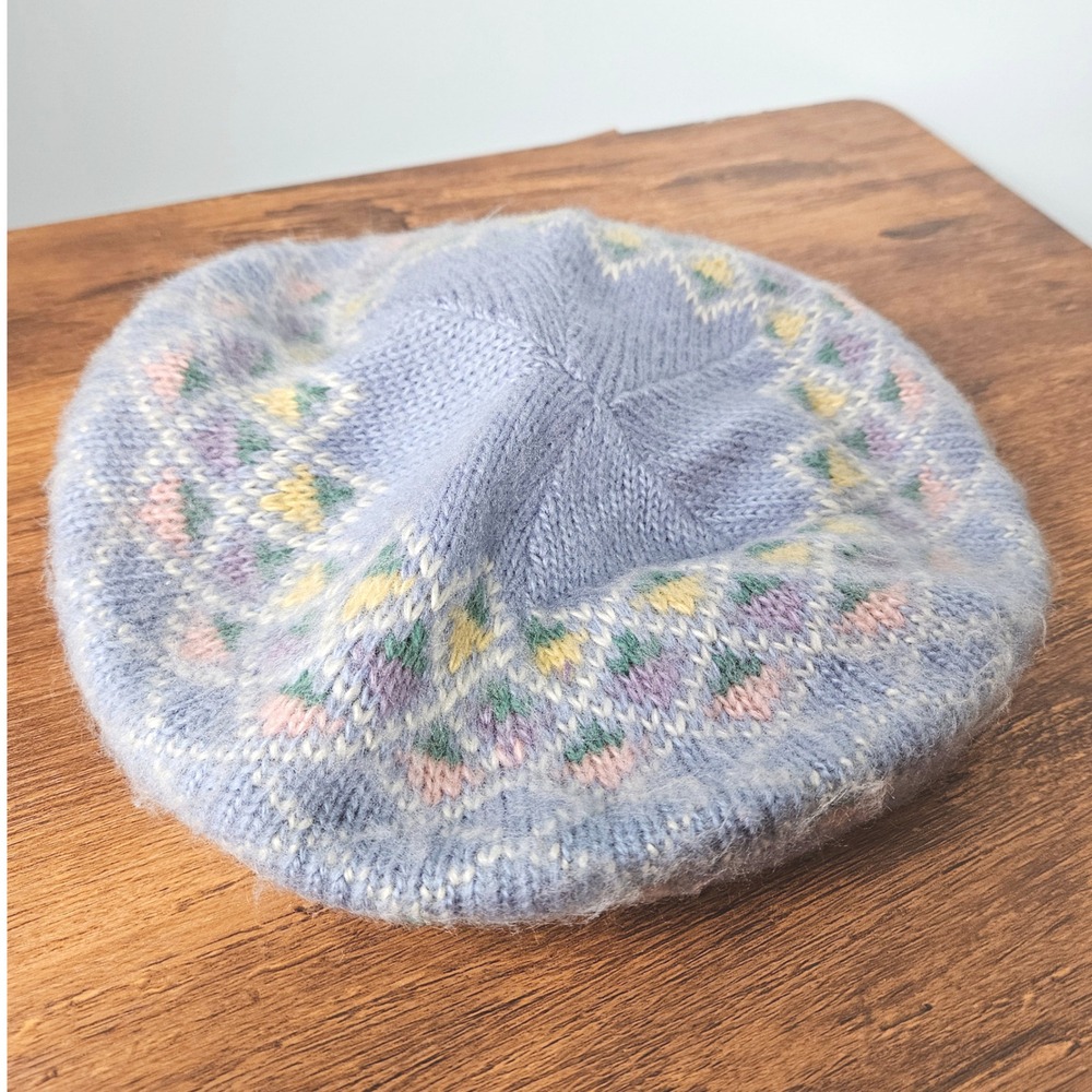 Hansen Vintage 80s Light Blue Fair Isle Knit Beret Hat One Size Made in USA